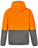 A Hi-Vis quilted two-tone safety jacket features an orange upper section and a grey lower section, with a hood and branding.