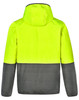 A Hi-Vis quilted safety jacket featuring a bright yellow upper section and a dark grey lower section, with a hood.