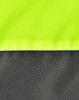 A close-up of a hi-vis quilted safety jacket featuring fluorescent yellow and dark grey sections, plus visible stitching.