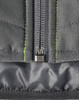 A quilted grey safety jacket with reflective stitching and a zipper detail at the front, including a logo.