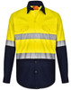 A High-Visibility long-sleeve safety shirt in bright yellow with navy sleeves and reflective stripes. Features two front pockets.