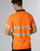 A vibrant orange unisex polo shirt with reflective stripes and a dark navy collar, featuring a logo on the front.