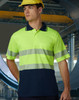 A unisex high-vis polo shirt in yellow with navy segments and reflective stripes, designed for workwear, featuring a pocket and a logo.