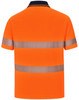 An unisex short-sleeve polo shirt in vibrant orange with reflective segmented stripes and a navy collar.