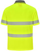 A vibrant yellow unisex polo shirt with segmented reflective stripes and a collar, featuring a logo.