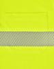 A bright yellow polo shirt featuring a segmented reflective stripe and a front pocket. It has a logo prominently displayed.