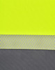 A segmented polo shirt in high-visibility yellow with grey stripes, featuring a textured fabric and a logo.