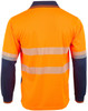 A long-sleeved polo shirt in bright orange with navy blue sleeves and reflective stripes, featuring a logo on the front.
