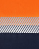 A segmented work polo shirt in vibrant orange and navy, featuring a reflective stripe design and a logo.