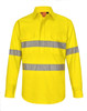 A long-sleeved, bright yellow work shirt with grey perforated reflective tape and two chest pockets, featuring a logo.
