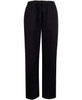 Black fleecey track pants featuring an elastic waistband and drawstring, designed for comfort and casual wear.