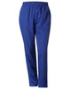 Blue track pants with an elastic waistband and tapered design, featuring a logo on the side.