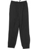 Black track pants with an elasticated waistband and pockets, featuring a logo on the design.