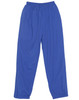Blue track pants with an elastic waistband and side pockets, featuring a logo on the leg.