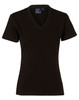 A black ladies' v-neck short sleeve tee with a fitted style and a label tag inside.