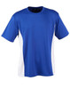 A blue and white short-sleeved t-shirt featuring a logo. Suitable for kids with a contrast design.