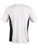 A short-sleeved kids' T-shirt in white with navy contrast panels on the sides, featuring a logo.