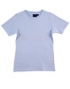 A light blue ladies' fitted stretch tee with a round neck and short sleeves, featuring a logo.
