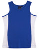 A blue singlet with white contrast panels and a brand logo on the neckline.