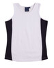 A ladies singlet in white with black contrast panels, featuring a logo on the label.