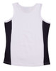 A white and black ladies singlet with a contrast design and a logo on the back.