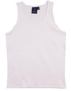 A white men's cotton singlet with a round neckline. It features a logo label on the inside.