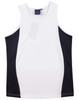 A men's singlet featuring a white body with black contrast mesh side panels and a logo on the label.
