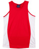 A red and white men's singlet with a contrast mesh design and a branding label at the neckline.
