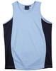 A light blue men's singlet with black contrast panels and a branding logo at the neckline.