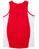 A red singlet with white contrast sides, featuring a logo on the upper back.