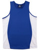 A blue and white kid's singlet featuring contrast mesh panels and a logo.