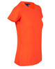 An orange ladies' T-shirt with a fitted style and a logo on the chest.