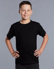 A black semi-fitted cotton t-shirt designed for kids, displayed on a smiling child with hands on hips.