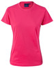 A pink semi-fitted cotton T-shirt with short sleeves and a round neckline. It features a branding logo.