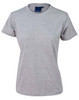 A grey ladies' cotton semi-fitted tee with a crew neckline and short sleeves, featuring a logo on the label.