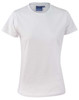 A white ladies' cotton semi-fitted tee, featuring a crew neck and short sleeves. It has a logo on the label.
