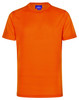 An orange short-sleeve performance tee with a round neckline and a logo on the label.