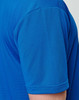 A close-up of a men's short-sleeve T-shirt in vibrant blue, featuring a subtle textured pattern.