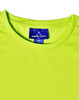A bright lime green short-sleeve t-shirt with a tag featuring a logo.