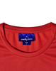 A close-up of a red men's ultra-lightweight performance short-sleeve tee with a branding label on the neckline.