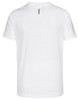 A white men's short sleeve performance T-shirt featuring a logo on the back.