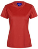 A red ladies' lightweight performance short sleeve tee with a logo on the neckline.