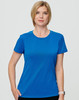 A blue women’s ultra light weight performance short sleeve t-shirt with a logo.