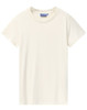 A plain off-white ladies' premium cotton t-shirt featuring a round neckline and short sleeves, with a logo on the label.