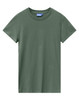 A green ladies' premium cotton t-shirt with a round neckline and short sleeves, featuring a branding label.