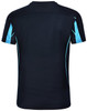 A black short-sleeve T-shirt with light blue accents and a logo on the back.