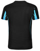 A black T-shirt with blue accents, featuring short sleeves and a sporty design. It has a logo on it.