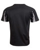 A black kid's short-sleeve t-shirt with grey accents and a logo on the back.