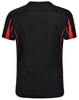 A black short-sleeved T-shirt with red accents and a logo on the back.