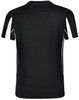 A black short-sleeve T-shirt featuring white accents and a logo. The back view displays mesh paneling.